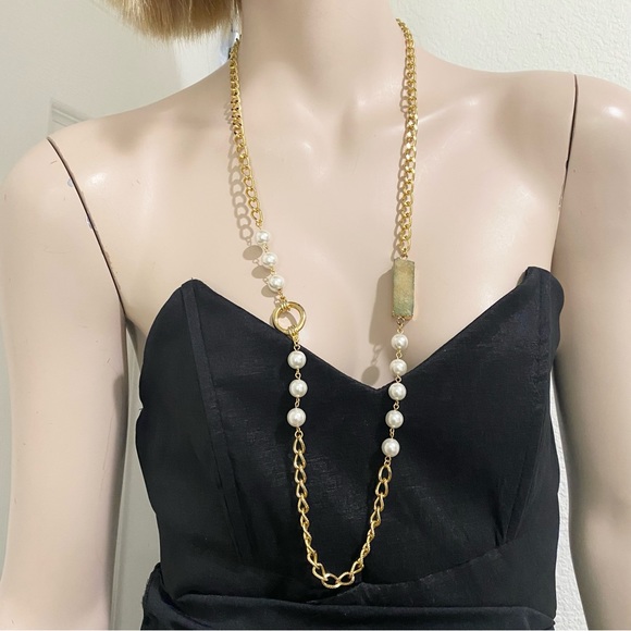 Gold-tone Chain Faux Pearl and Druzzy Crystal 34” Long Necklace - Picture 2 of 12